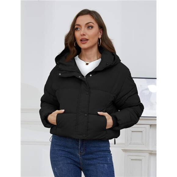 Womens Cropped Puffer Jacket Hooded Zip Up Black - Picture 5 of 6